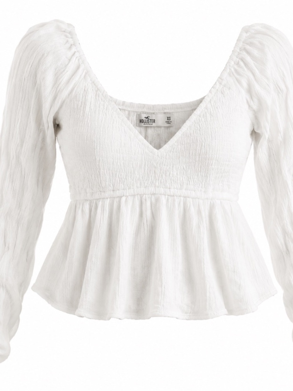 Hollister Co. White Smocked V-Neck Peplum Long Sleeve Blouse XS